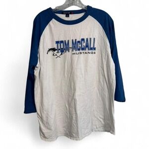 Vintage sport tek Tom McCall Mustangs blue &‎ white baseball tee Size L